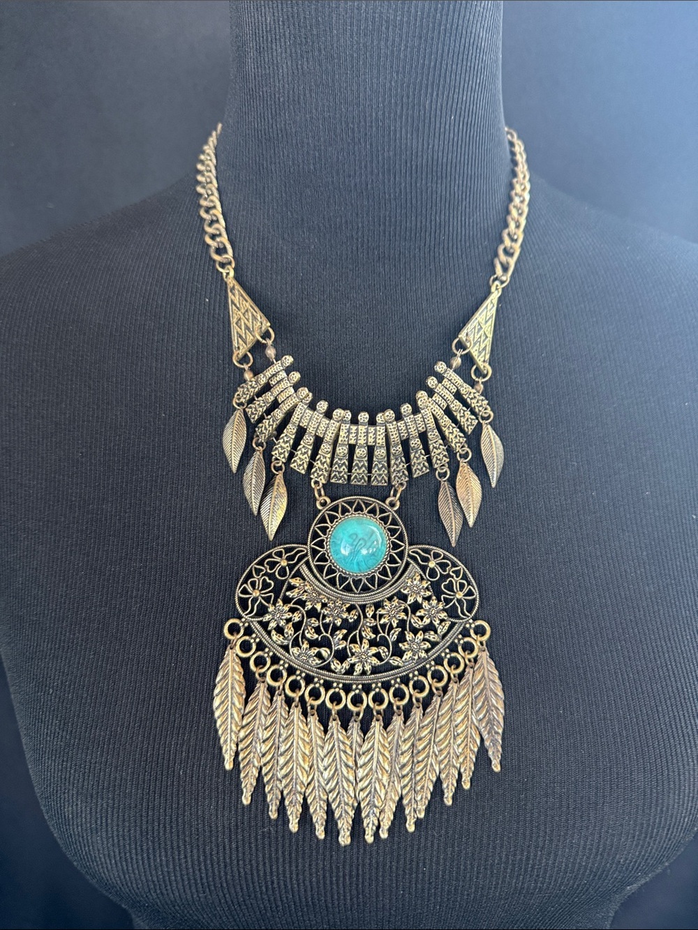 Bohemian Gold-Tone Filigree Pendant Necklace with faux Turquoise Stone